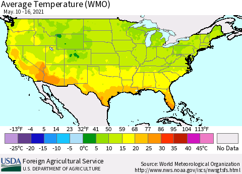 United States Average Temperature (WMO) Thematic Map For 5/10/2021 - 5/16/2021