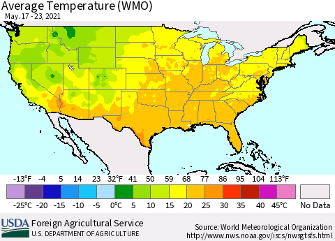 United States Average Temperature (WMO) Thematic Map For 5/17/2021 - 5/23/2021