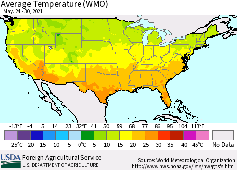 United States Average Temperature (WMO) Thematic Map For 5/24/2021 - 5/30/2021