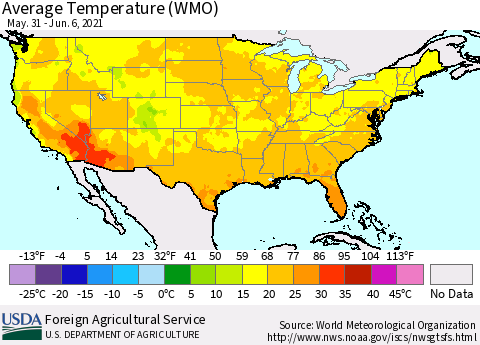 United States Average Temperature (WMO) Thematic Map For 5/31/2021 - 6/6/2021