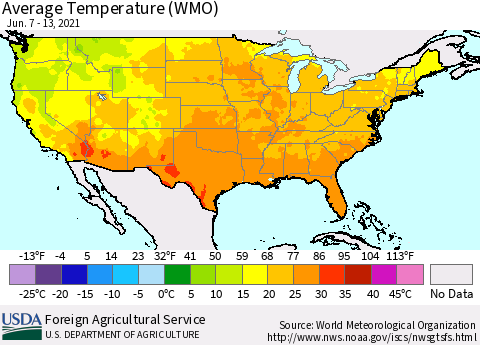 United States Average Temperature (WMO) Thematic Map For 6/7/2021 - 6/13/2021