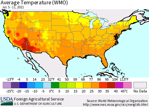 United States Average Temperature (WMO) Thematic Map For 7/5/2021 - 7/11/2021