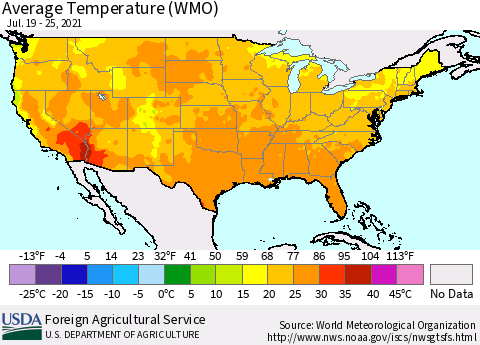 United States Average Temperature (WMO) Thematic Map For 7/19/2021 - 7/25/2021