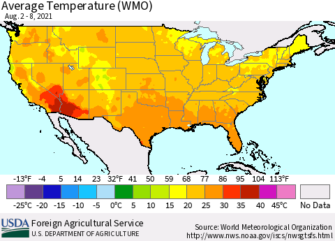 United States Average Temperature (WMO) Thematic Map For 8/2/2021 - 8/8/2021