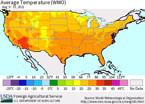 United States Average Temperature (WMO) Thematic Map For 8/9/2021 - 8/15/2021