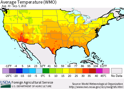 United States Average Temperature (WMO) Thematic Map For 8/30/2021 - 9/5/2021