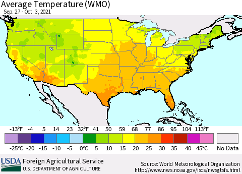 United States Average Temperature (WMO) Thematic Map For 9/27/2021 - 10/3/2021