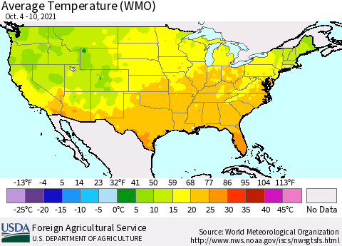 United States Average Temperature (WMO) Thematic Map For 10/4/2021 - 10/10/2021