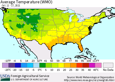 United States Average Temperature (WMO) Thematic Map For 10/11/2021 - 10/17/2021