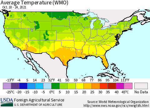 United States Average Temperature (WMO) Thematic Map For 10/18/2021 - 10/24/2021