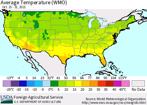 United States Average Temperature (WMO) Thematic Map For 10/25/2021 - 10/31/2021