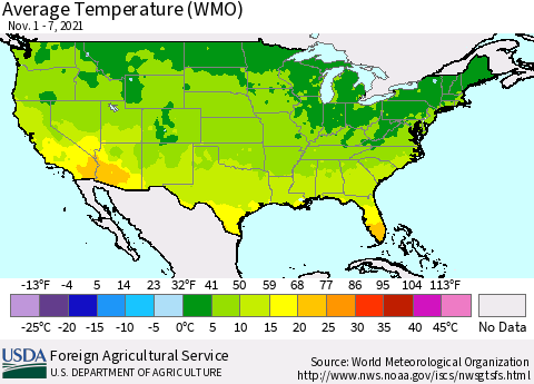 United States Average Temperature (WMO) Thematic Map For 11/1/2021 - 11/7/2021