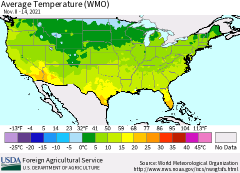 United States Average Temperature (WMO) Thematic Map For 11/8/2021 - 11/14/2021