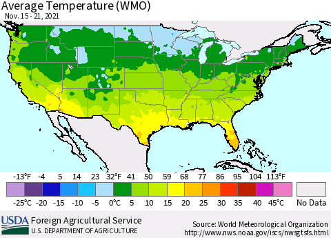 United States Average Temperature (WMO) Thematic Map For 11/15/2021 - 11/21/2021