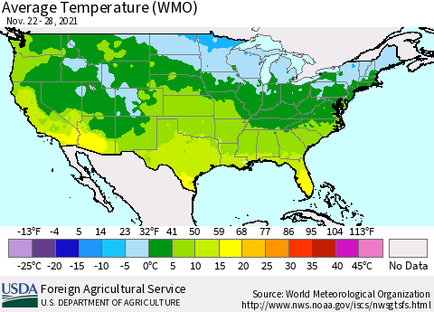 United States Average Temperature (WMO) Thematic Map For 11/22/2021 - 11/28/2021