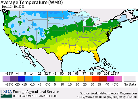 United States Average Temperature (WMO) Thematic Map For 12/13/2021 - 12/19/2021