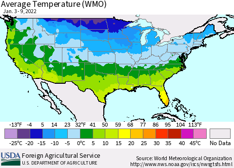 United States Average Temperature (WMO) Thematic Map For 1/3/2022 - 1/9/2022