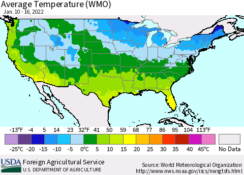 United States Average Temperature (WMO) Thematic Map For 1/10/2022 - 1/16/2022