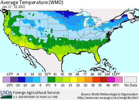 United States Average Temperature (WMO) Thematic Map For 1/17/2022 - 1/23/2022