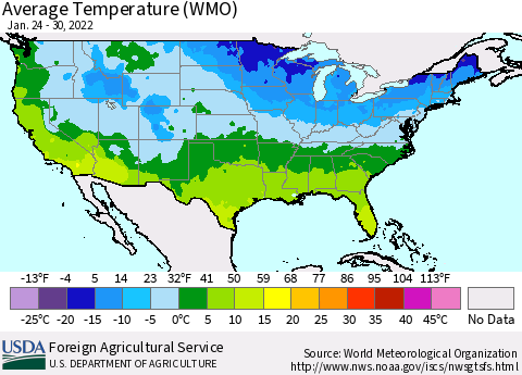 United States Average Temperature (WMO) Thematic Map For 1/24/2022 - 1/30/2022