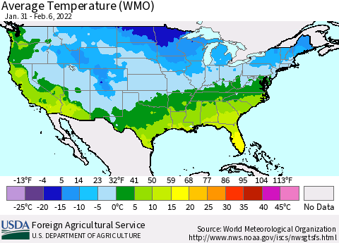 United States Average Temperature (WMO) Thematic Map For 1/31/2022 - 2/6/2022