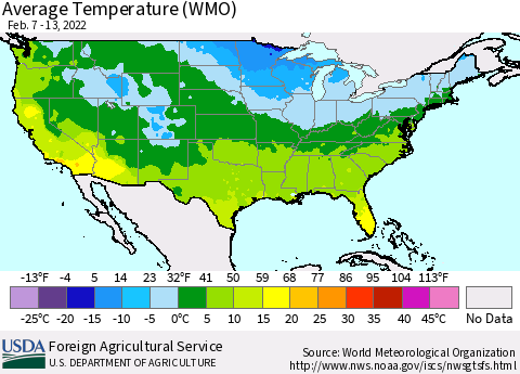 United States Average Temperature (WMO) Thematic Map For 2/7/2022 - 2/13/2022