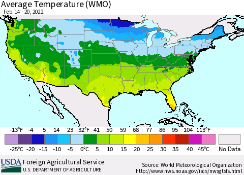 United States Average Temperature (WMO) Thematic Map For 2/14/2022 - 2/20/2022