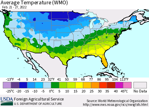 United States Average Temperature (WMO) Thematic Map For 2/21/2022 - 2/27/2022