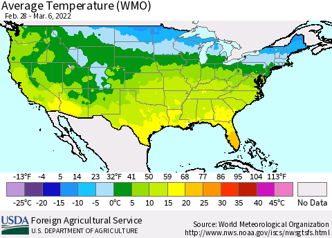 United States Average Temperature (WMO) Thematic Map For 2/28/2022 - 3/6/2022