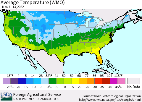 United States Average Temperature (WMO) Thematic Map For 3/7/2022 - 3/13/2022