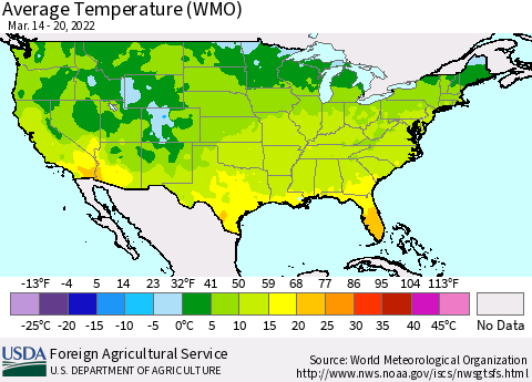 United States Average Temperature (WMO) Thematic Map For 3/14/2022 - 3/20/2022