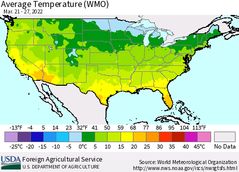 United States Average Temperature (WMO) Thematic Map For 3/21/2022 - 3/27/2022