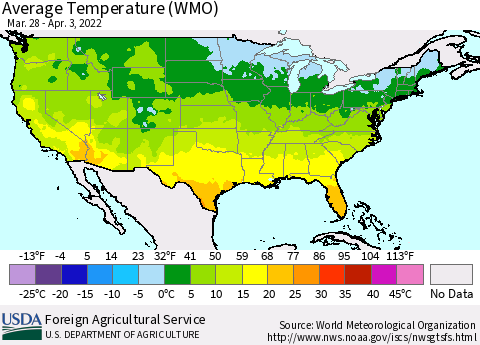 United States Average Temperature (WMO) Thematic Map For 3/28/2022 - 4/3/2022