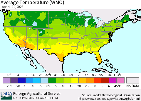 United States Average Temperature (WMO) Thematic Map For 4/4/2022 - 4/10/2022