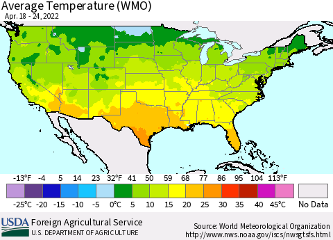 United States Average Temperature (WMO) Thematic Map For 4/18/2022 - 4/24/2022