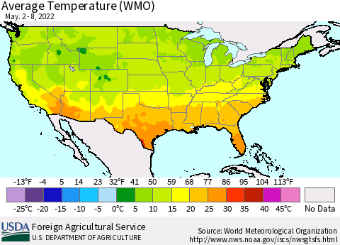 United States Average Temperature (WMO) Thematic Map For 5/2/2022 - 5/8/2022