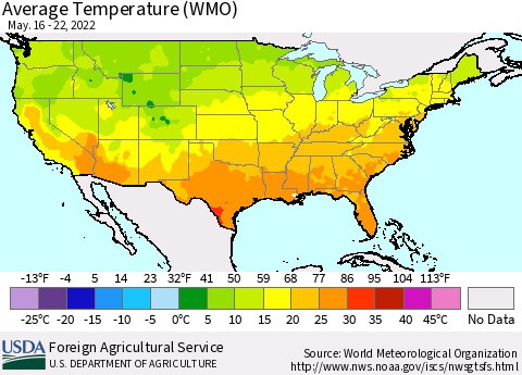 United States Average Temperature (WMO) Thematic Map For 5/16/2022 - 5/22/2022
