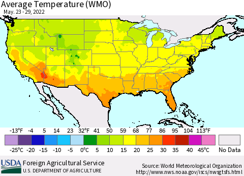 United States Average Temperature (WMO) Thematic Map For 5/23/2022 - 5/29/2022