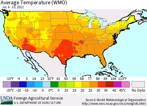 United States Average Temperature (WMO) Thematic Map For 7/4/2022 - 7/10/2022