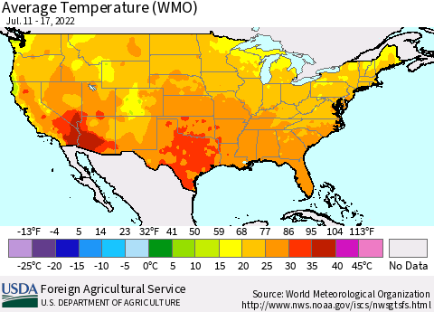 United States Average Temperature (WMO) Thematic Map For 7/11/2022 - 7/17/2022