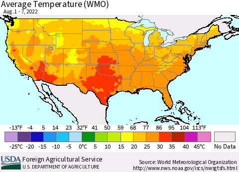 United States Average Temperature (WMO) Thematic Map For 8/1/2022 - 8/7/2022