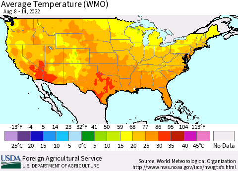 United States Average Temperature (WMO) Thematic Map For 8/8/2022 - 8/14/2022