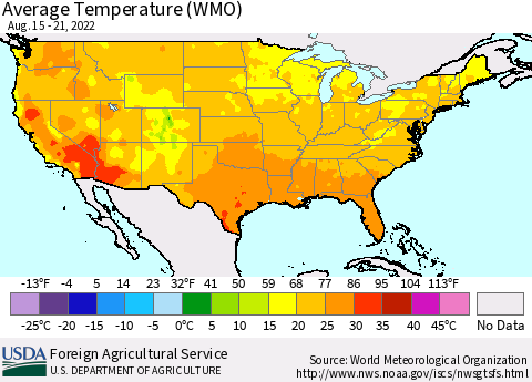 United States Average Temperature (WMO) Thematic Map For 8/15/2022 - 8/21/2022