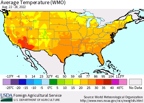 United States Average Temperature (WMO) Thematic Map For 8/22/2022 - 8/28/2022