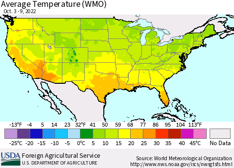 United States Average Temperature (WMO) Thematic Map For 10/3/2022 - 10/9/2022