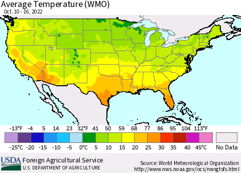 United States Average Temperature (WMO) Thematic Map For 10/10/2022 - 10/16/2022
