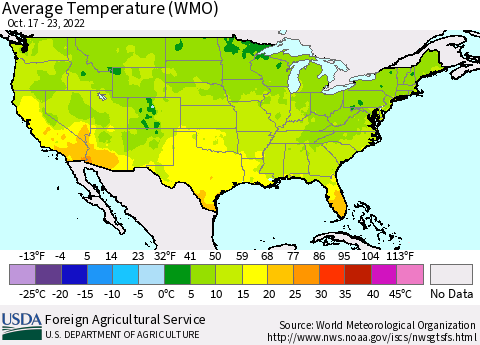 United States Average Temperature (WMO) Thematic Map For 10/17/2022 - 10/23/2022