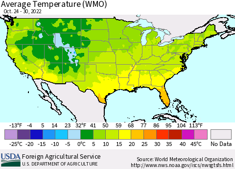 United States Average Temperature (WMO) Thematic Map For 10/24/2022 - 10/30/2022