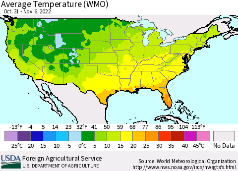 United States Average Temperature (WMO) Thematic Map For 10/31/2022 - 11/6/2022