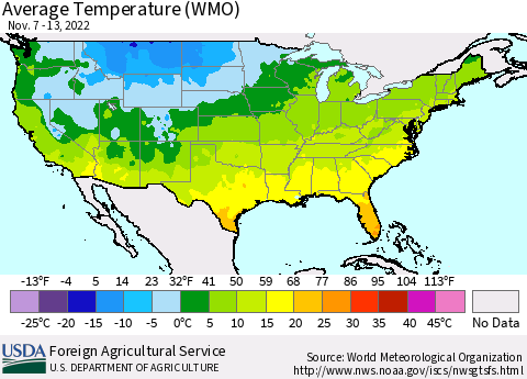 United States Average Temperature (WMO) Thematic Map For 11/7/2022 - 11/13/2022